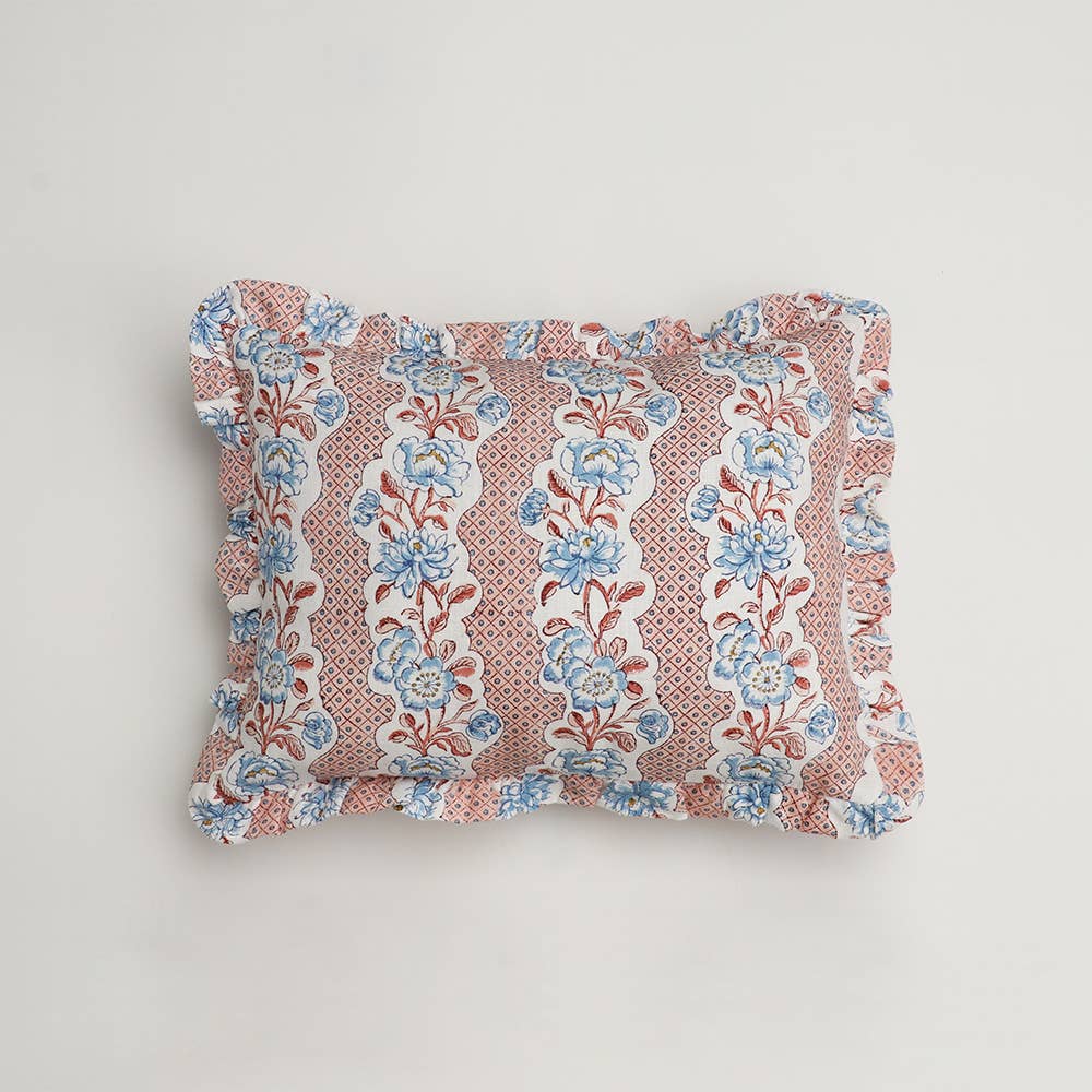 Block Printed Ruffled Cushion Cover - Blooming Trellis Pink