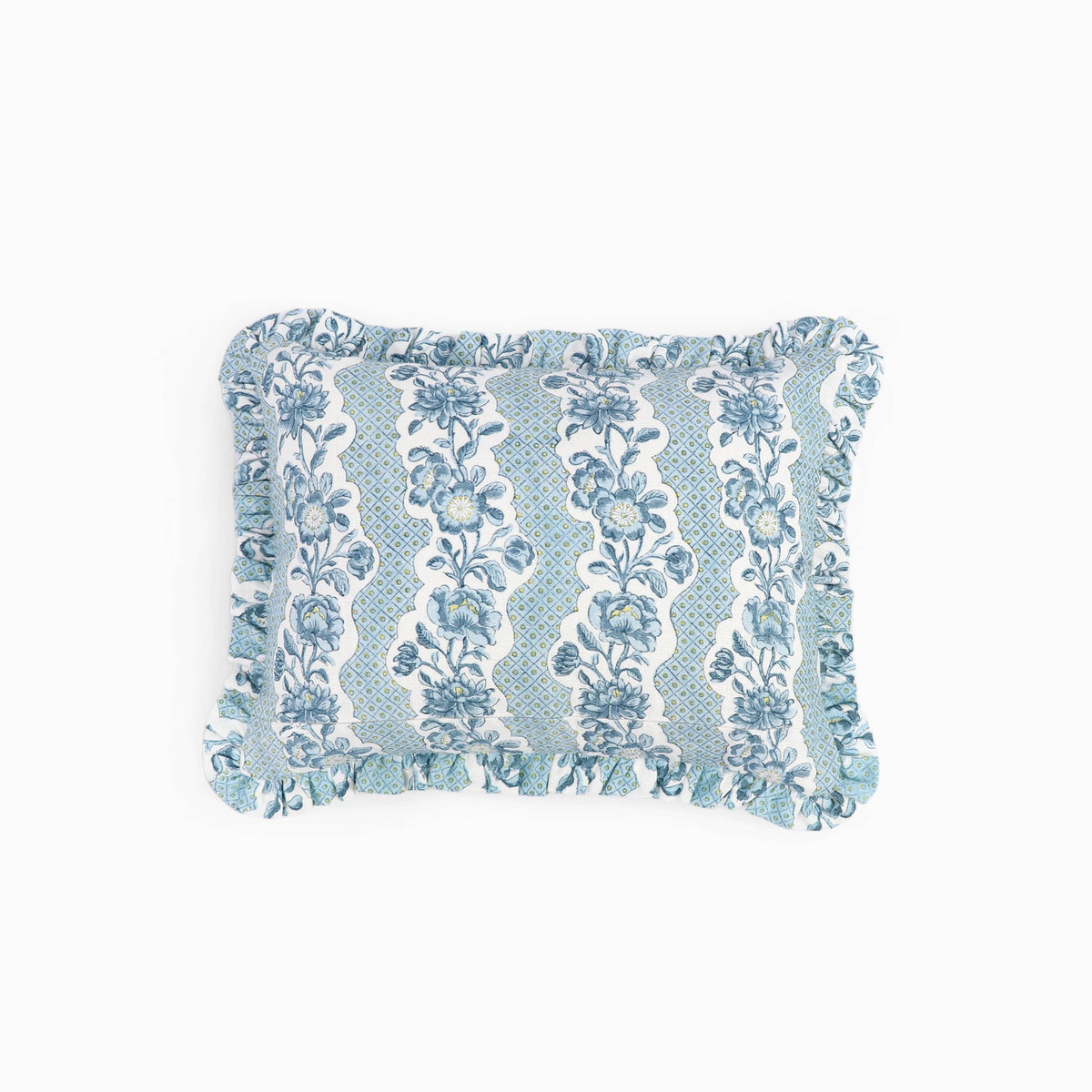 Block Printed Ruffled Cushion Cover - Blooming Trellis Indigo