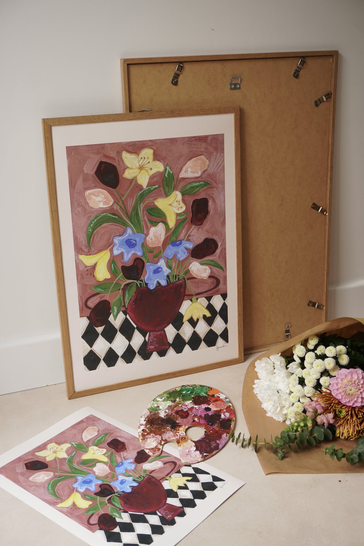 Frankie Penwill - Colourful Bunch in Burgundy Vase - A2 Print