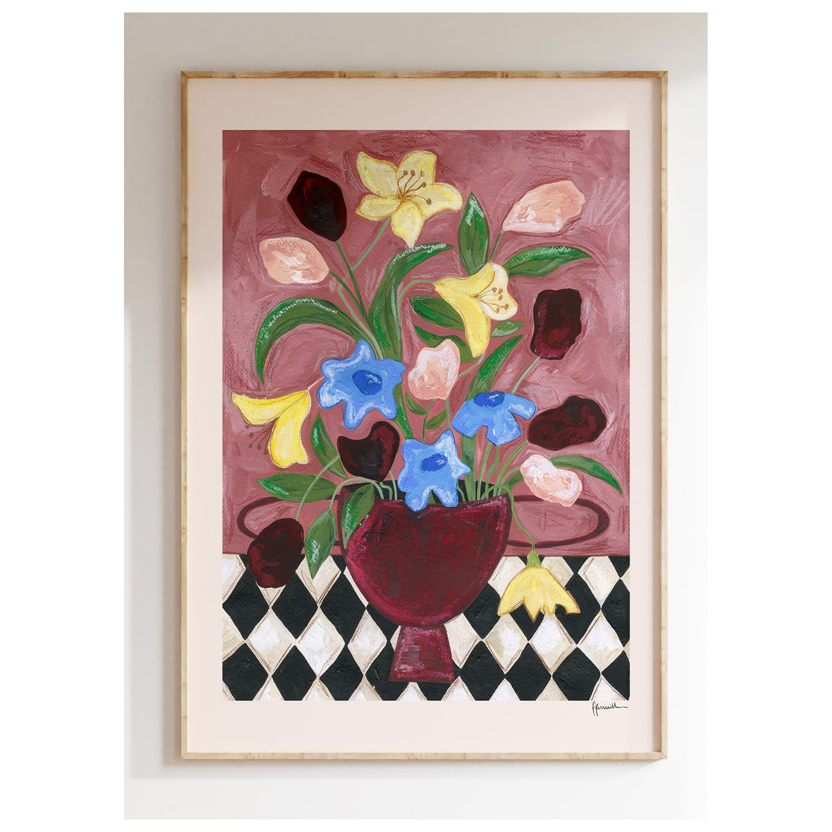 Frankie Penwill - Colourful Bunch in Burgundy Vase - A2 Print