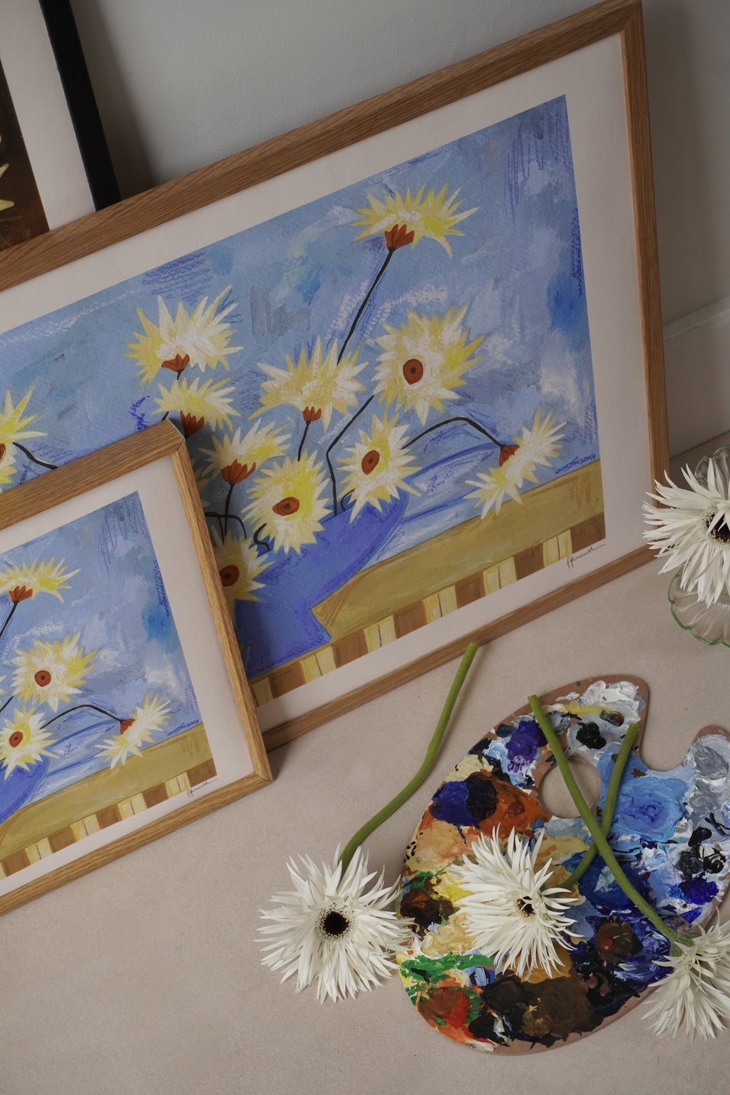 Frankie Penwill - Spiky Gerberas in Blue Vase - A2 Print
