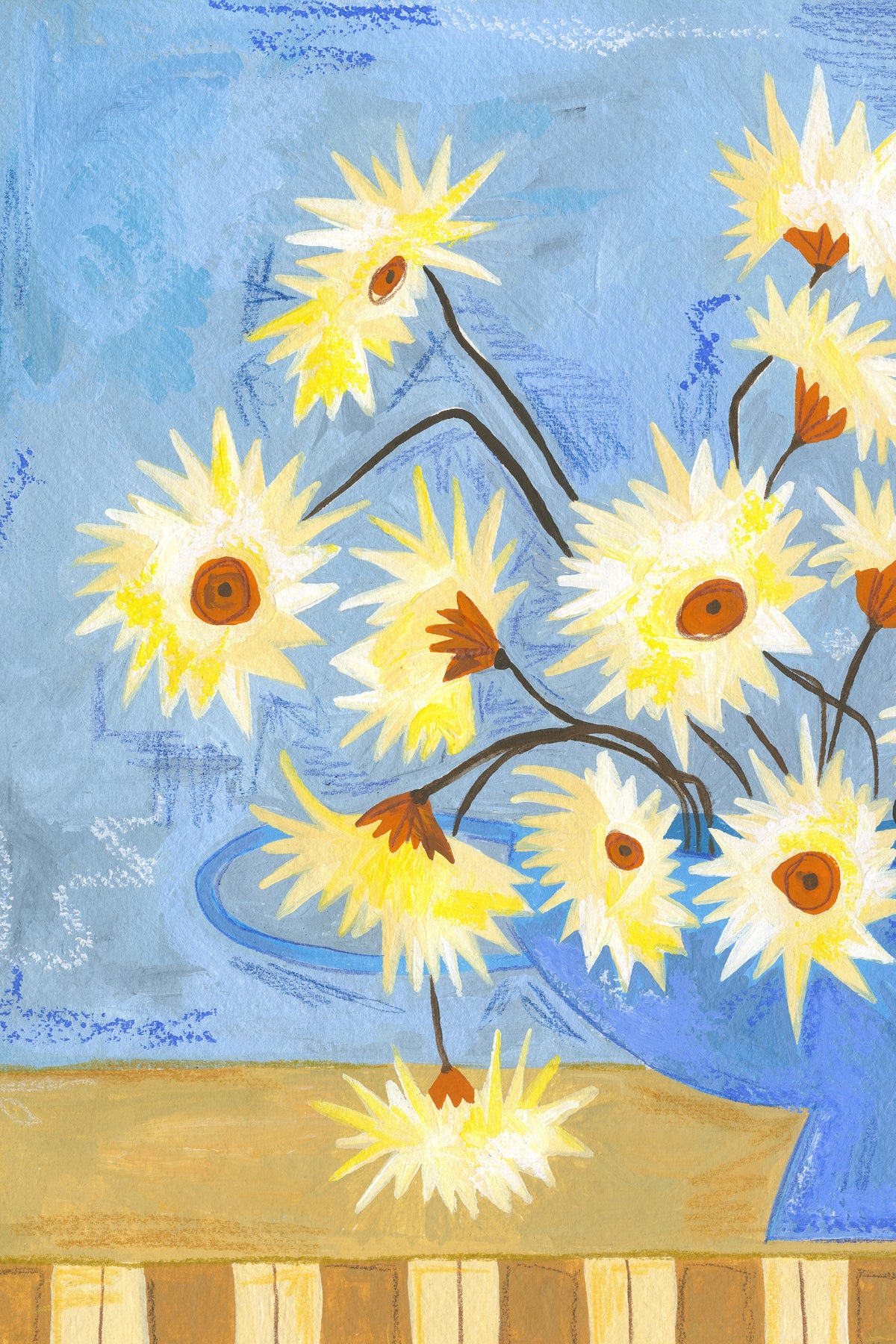 Frankie Penwill - Spiky Gerberas in Blue Vase - A2 Print