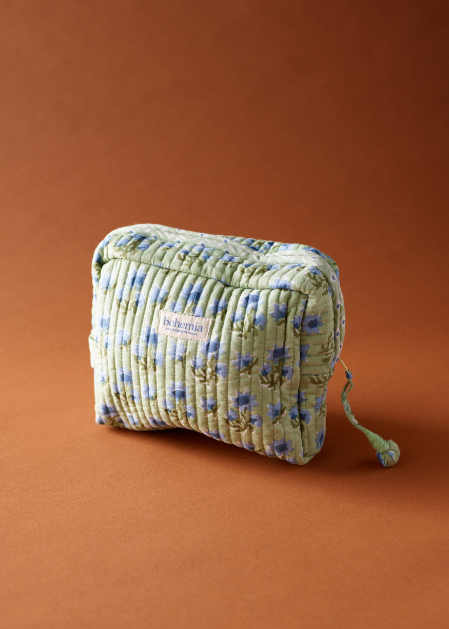 green Cotton Quilted Waterproof Wash Bag, Large