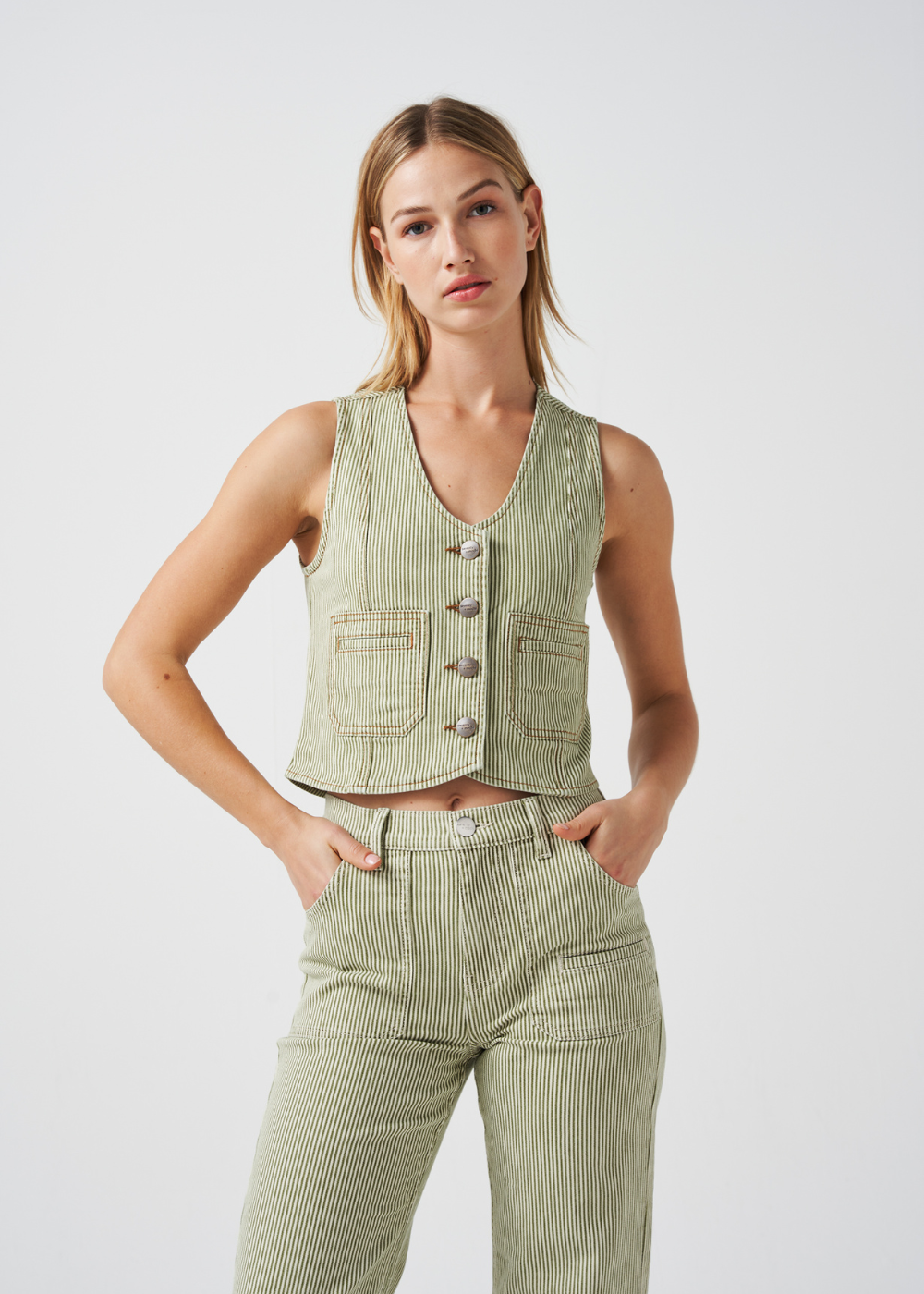 Seventy + Mochi Bea Waistcoat in Khaki Stripe