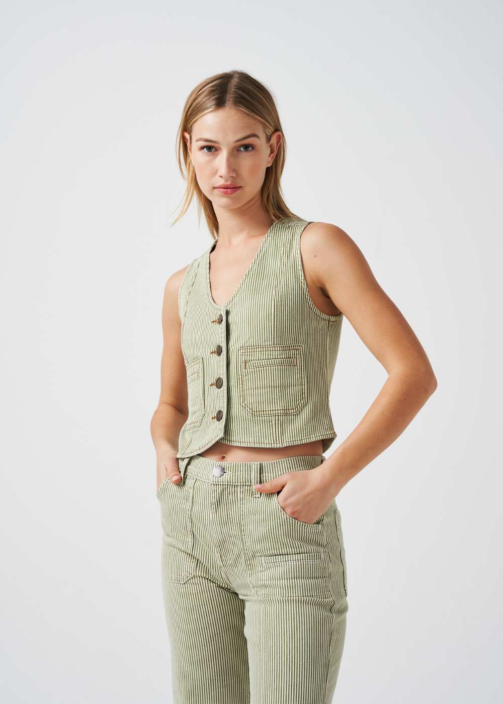 Seventy + Mochi Bea Waistcoat in Khaki Stripe