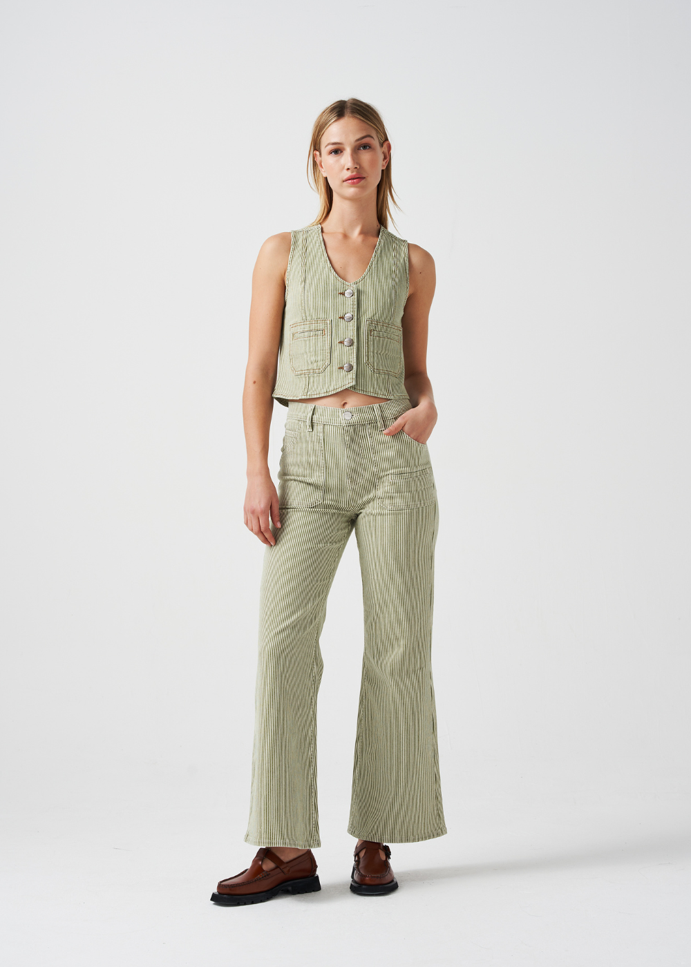 Seventy + Mochi Bea Waistcoat in Khaki Stripe