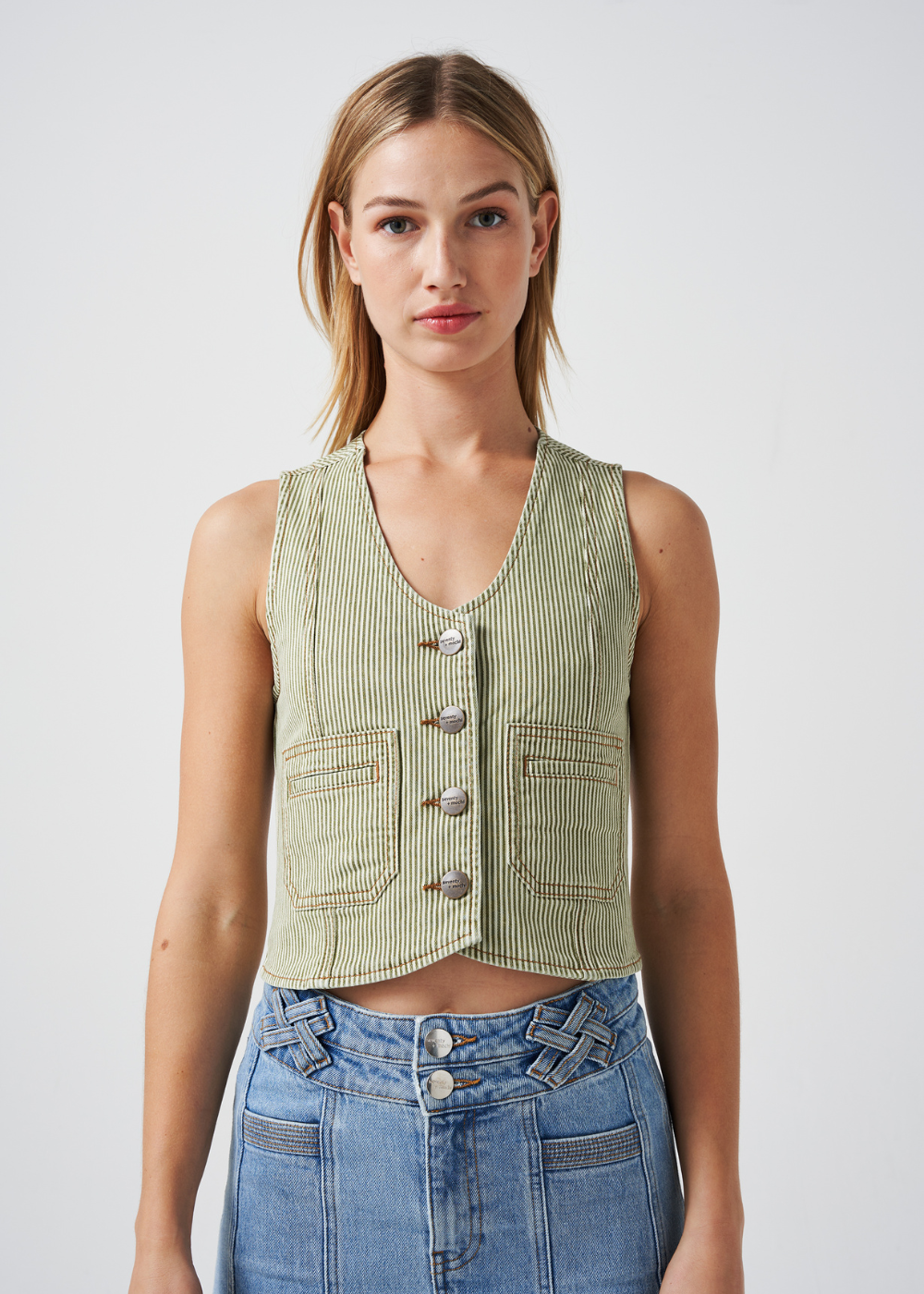 Seventy + Mochi Bea Waistcoat in Khaki Stripe