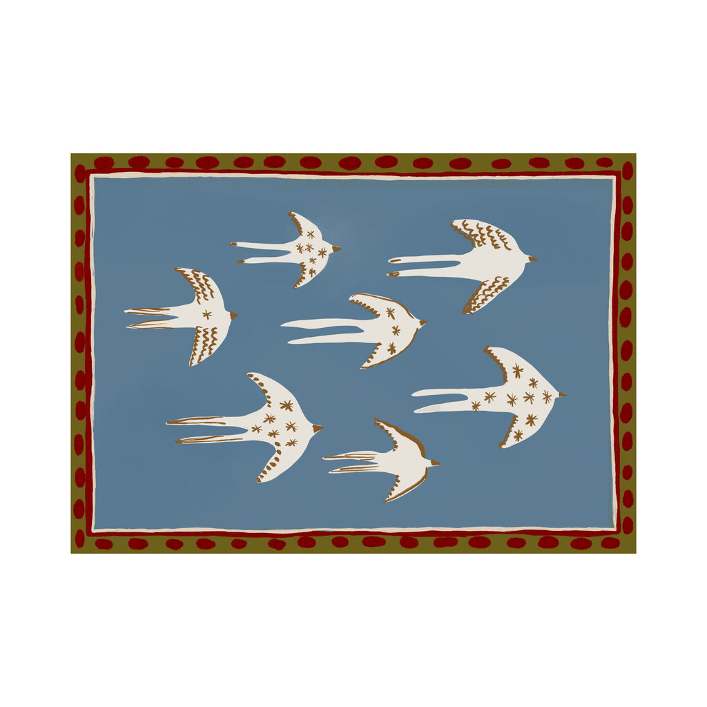 Silly Filly Bluer Skies art print by Kiera Black, a flock of birds on a vivid blue sky