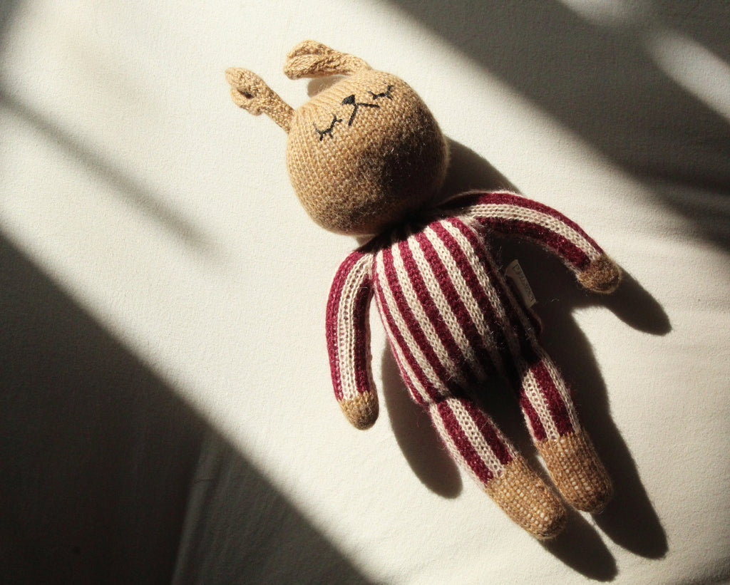 Sootie Limetree - Hand Knitted Striped Bunny Toy - Berry