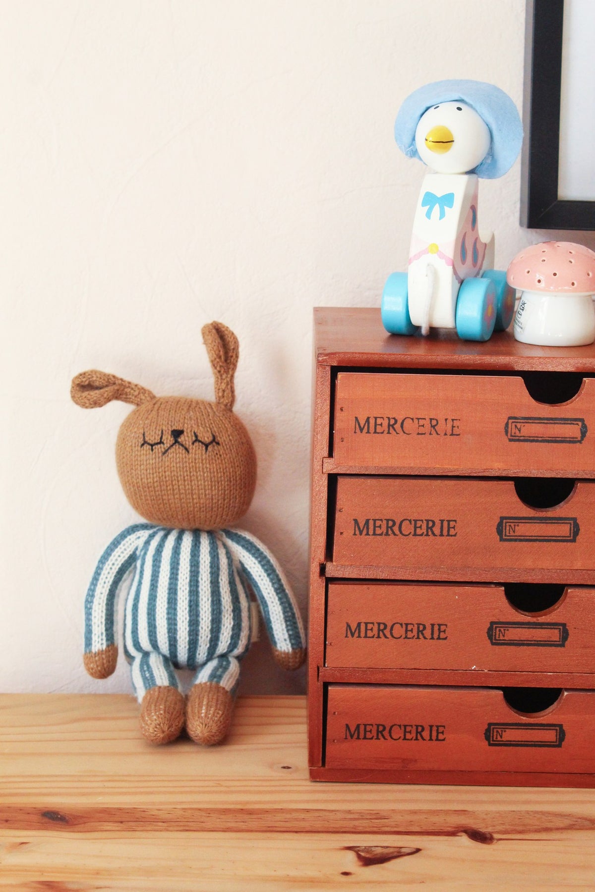 Sootie Limetree - Hand Knitted Striped Bunny Toy - Blue