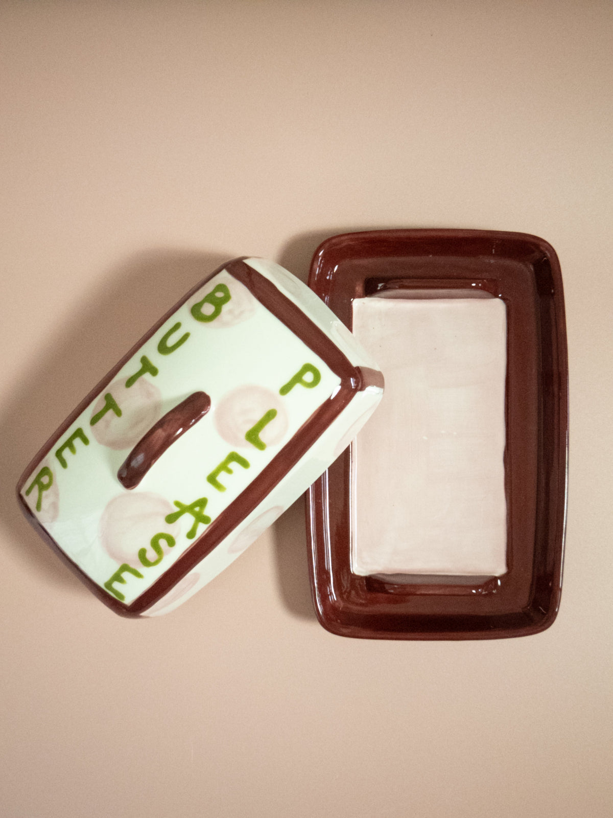 Tatiana Alida polka dot butter dish, styled on the table