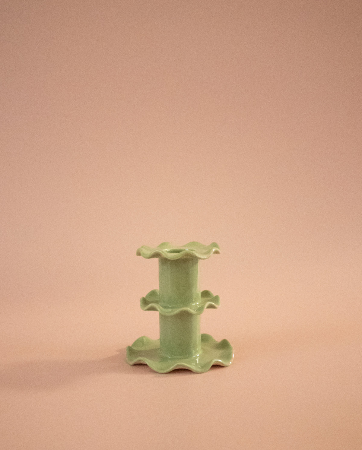 Superfluities medium double frill ceramic candlestick in pistachio green