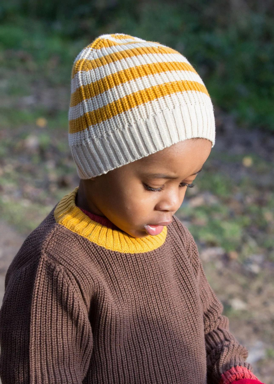 Gold Striped Knitted Beanie Hat