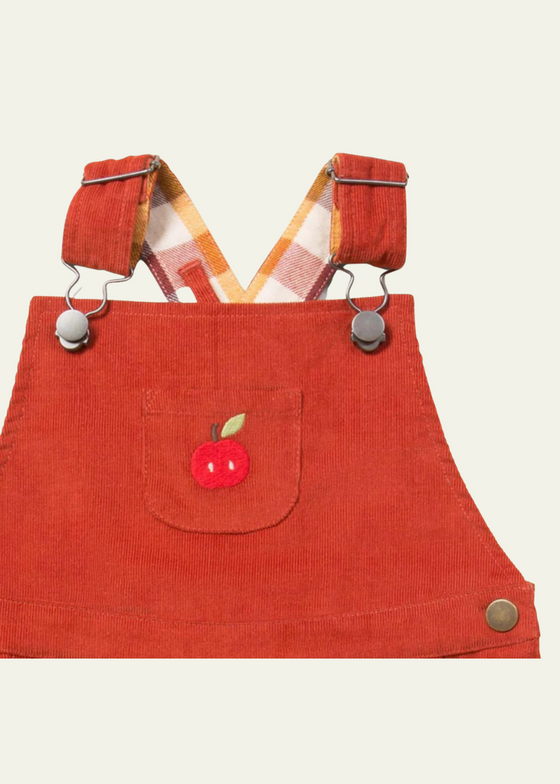 Little Green Radicals red dungarees with embroidered apple