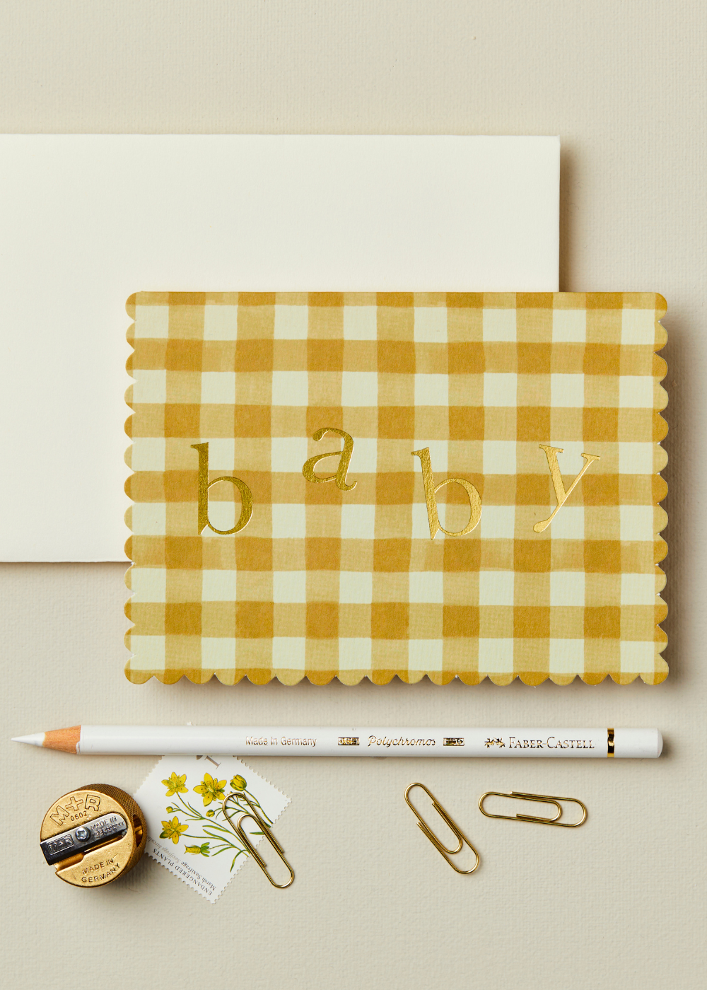 Wanderlust Paper Co. Mustard Gingham &#39;Baby&#39; Card