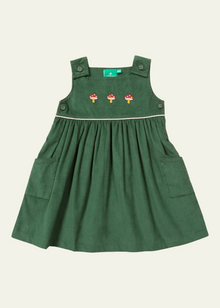  Little Green Radicals green pinafore dress with embroidered mushrooms